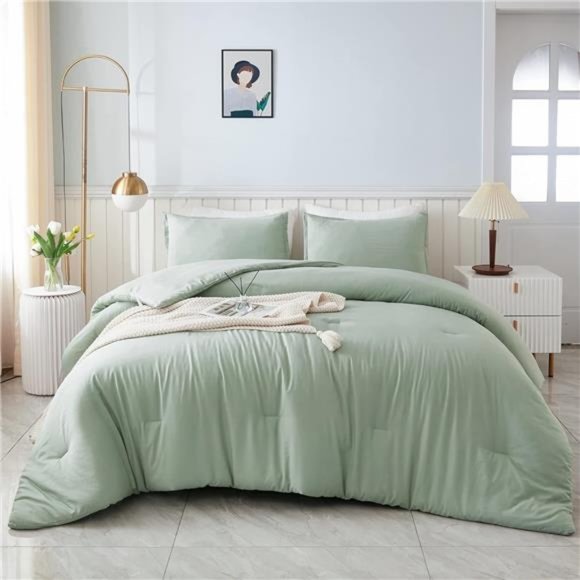 Comforter Full Size Set Sage Green,3 Pieces Lightweight Bed Comforter Full,Solid - Picture 5 of 8